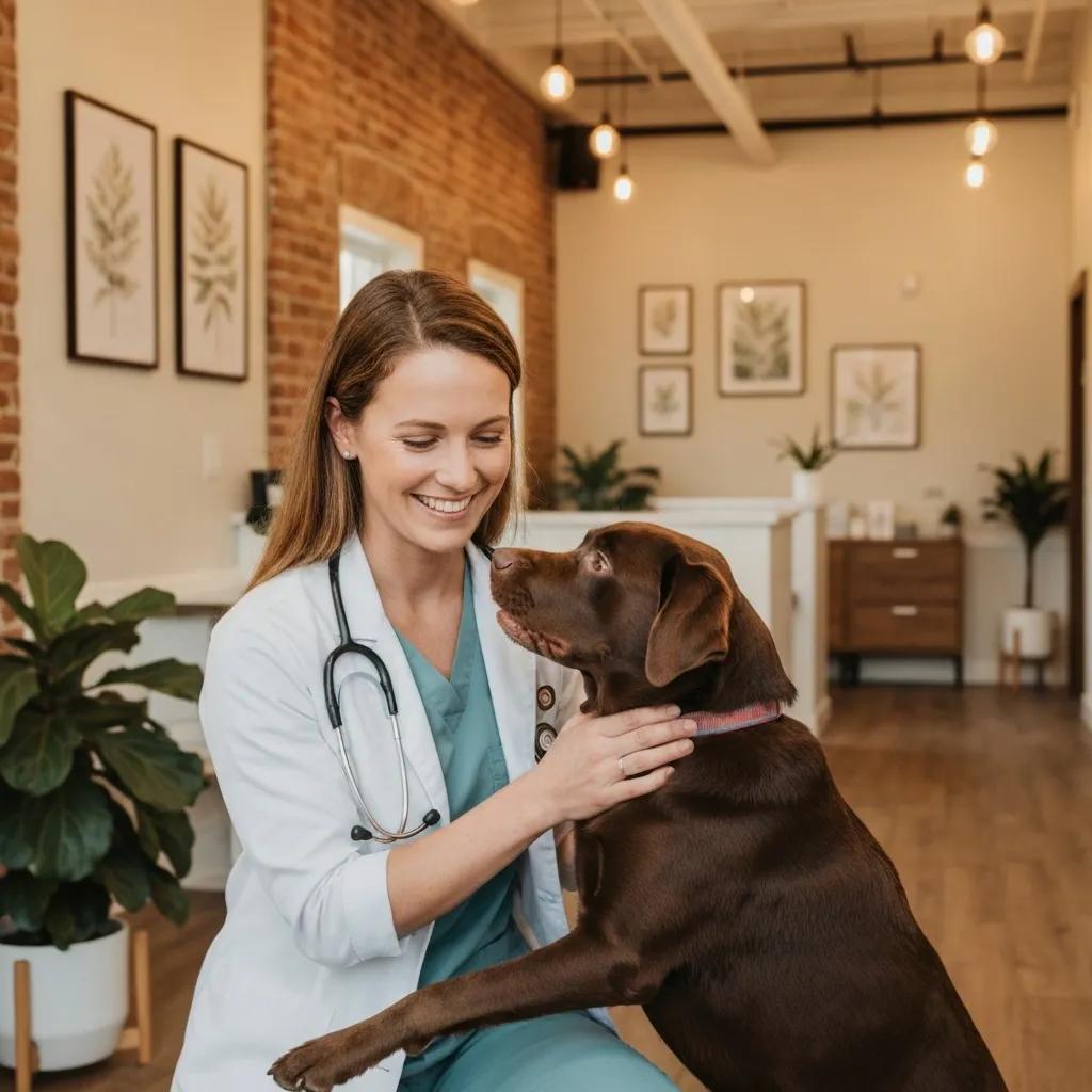 Veterinarian interacting with a happy dog in a welcoming Long Beach veterinary clinic