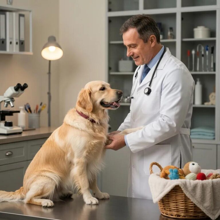 Veterinarian examining a dog in a clinic, highlighting veterinary diagnostics and care