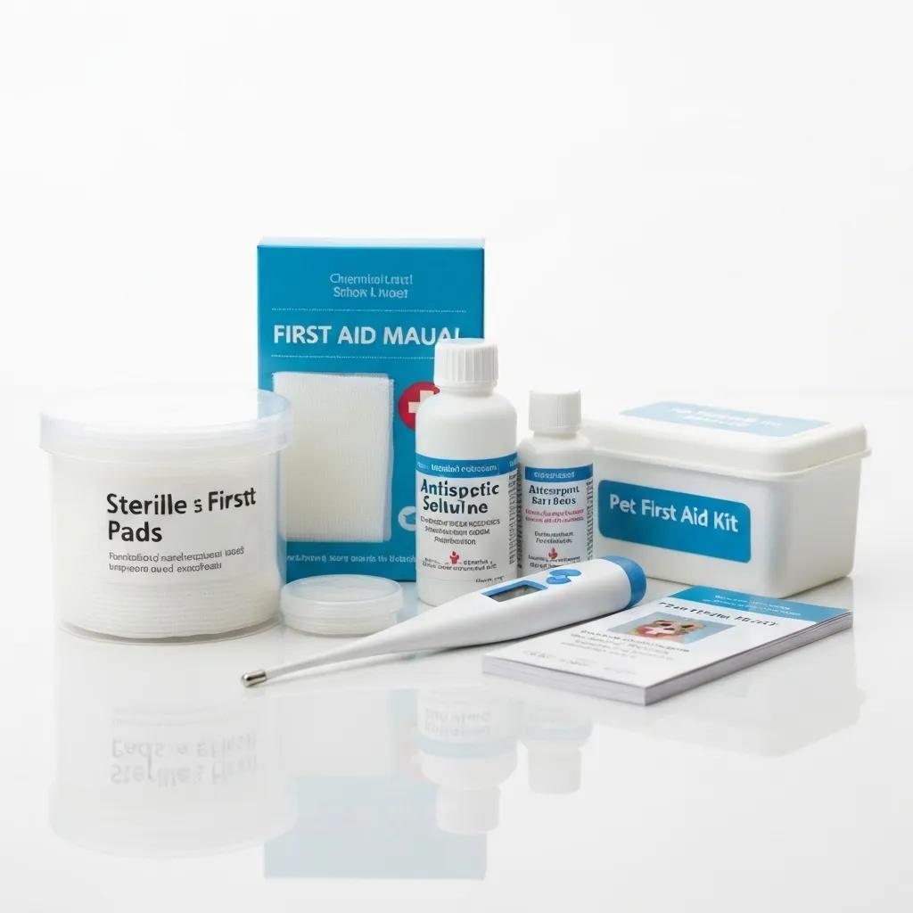Essential items for a pet first aid kit, such as gauze pads and a thermometer, for emergency preparedness