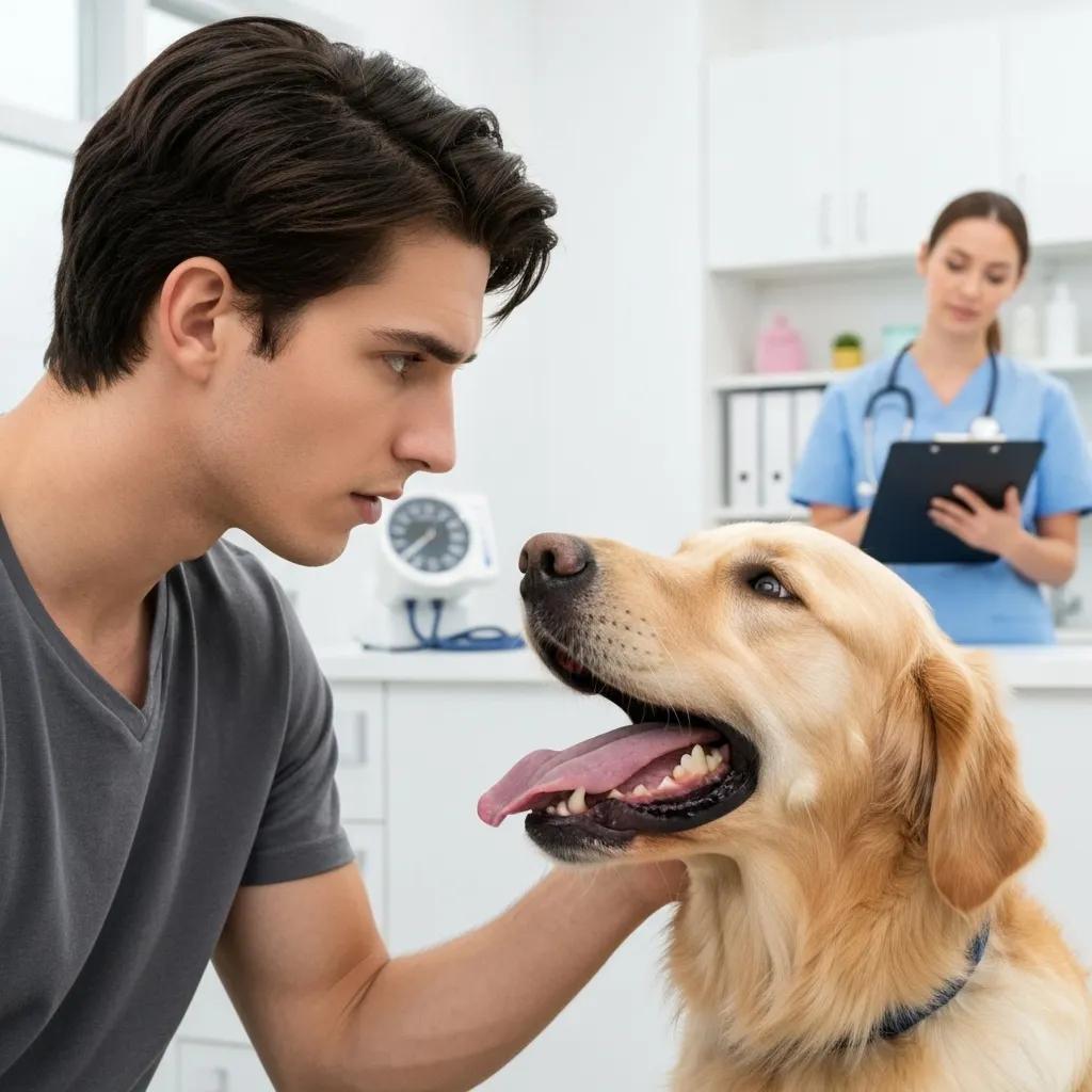A worried dog owner looking at their distressed dog, illustrating common emergency symptoms