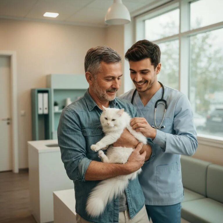 Pet owner with dog in a veterinary clinic, highlighting urgent care and compassion