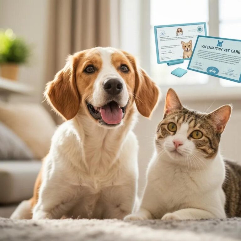 Happy dog and cat in a cozy home, symbolizing affordable pet care and vaccinations