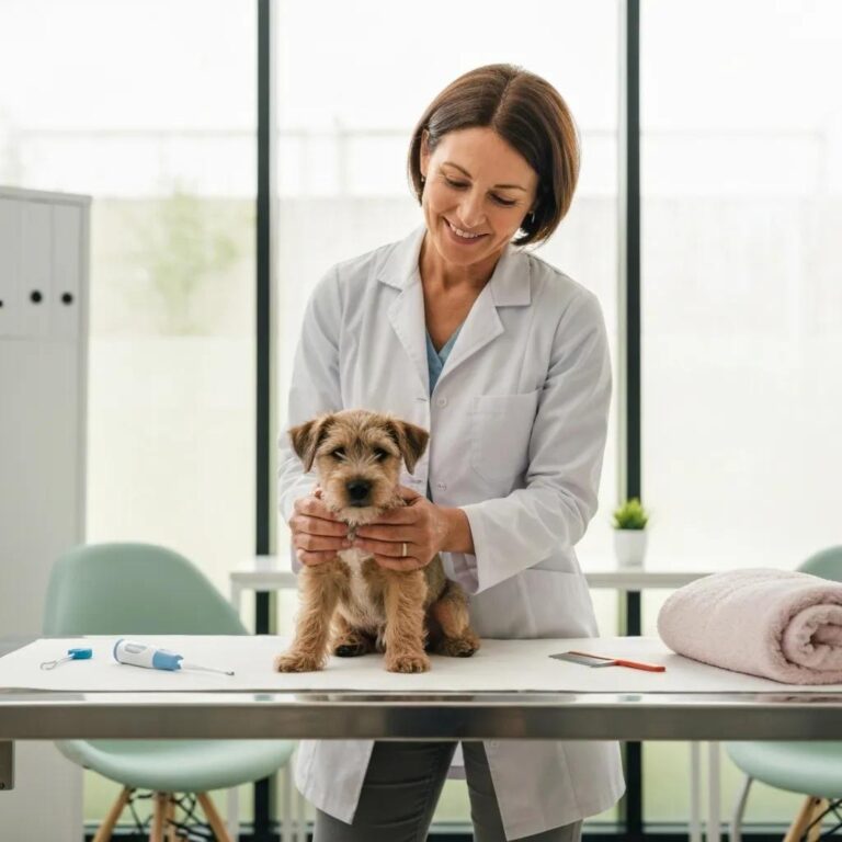 Veterinarian conducting a wellness exam on a cat in a modern veterinary clinic