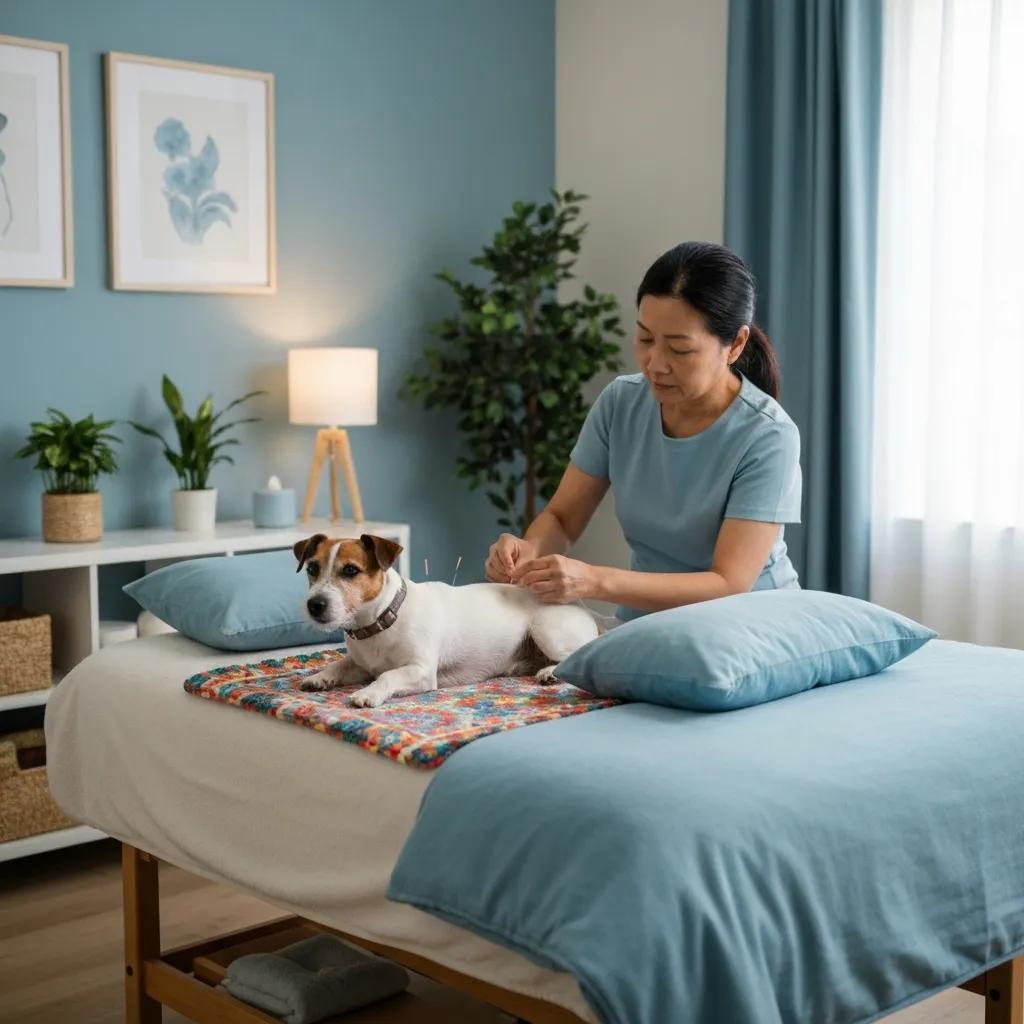 A dog calmly receiving acupuncture treatment in a serene setting, beautifully illustrating the practice of integrative veterinary medicine.