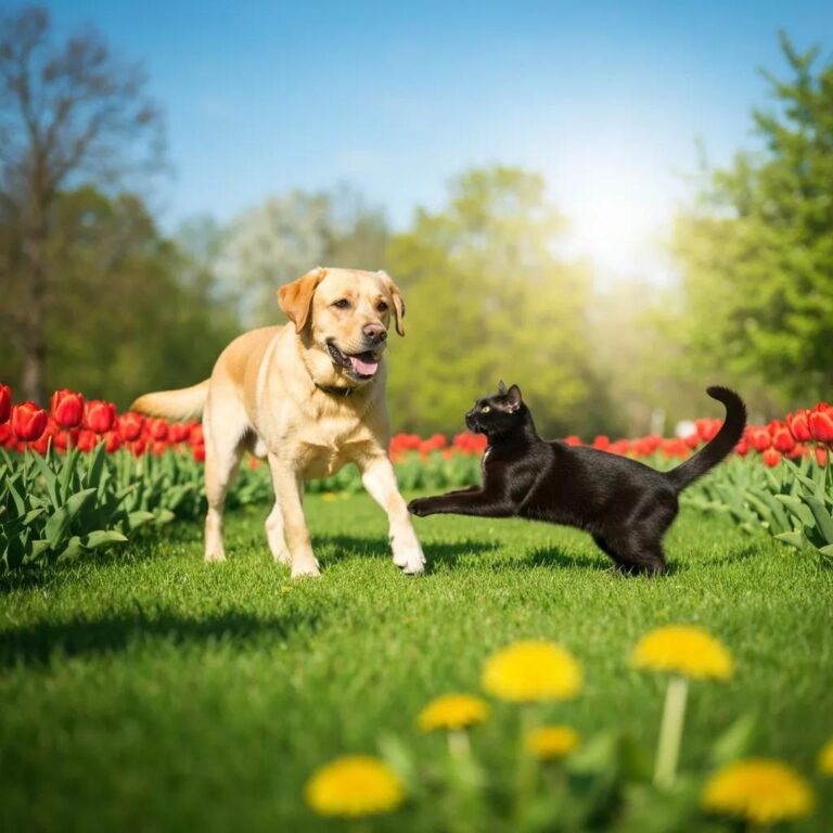 Happy dog and cat playing in a sunny park, representing pet health and wellness
