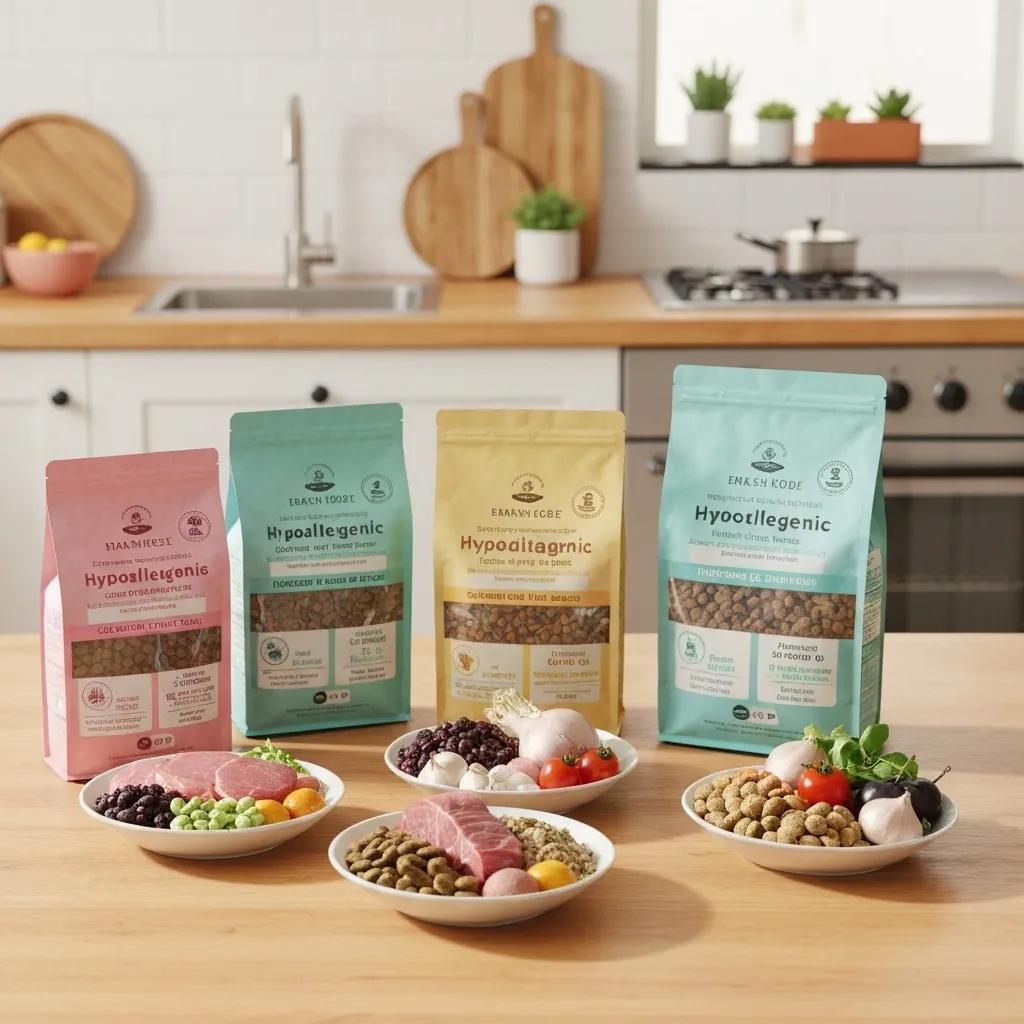 A selection of various hypoallergenic dog food options neatly arranged in a bright, clean kitchen setting