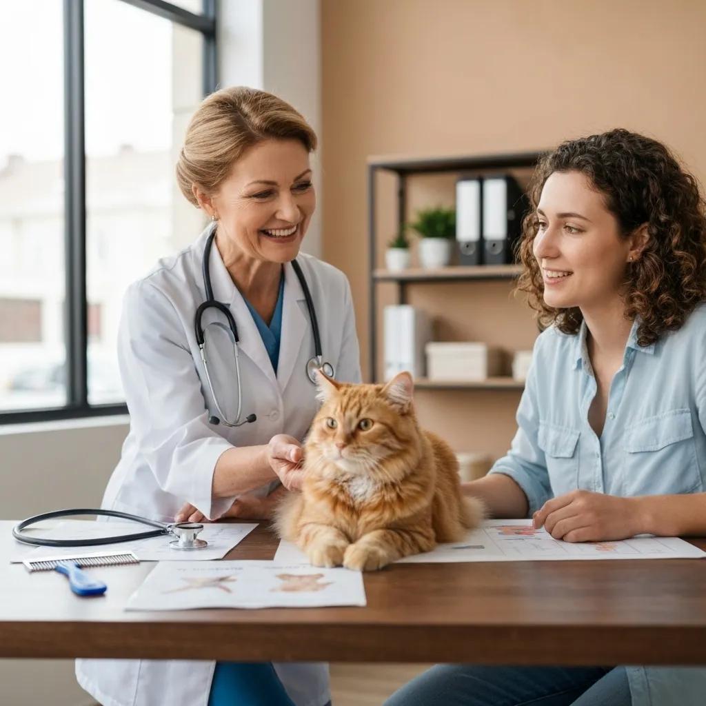 A veterinarian discussing preventative care with a cat owner, focusing on early disease detection strategies