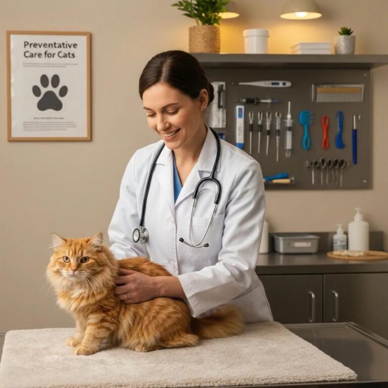 Veterinarian examining a cat in a cozy clinic, highlighting early disease detection in feline health