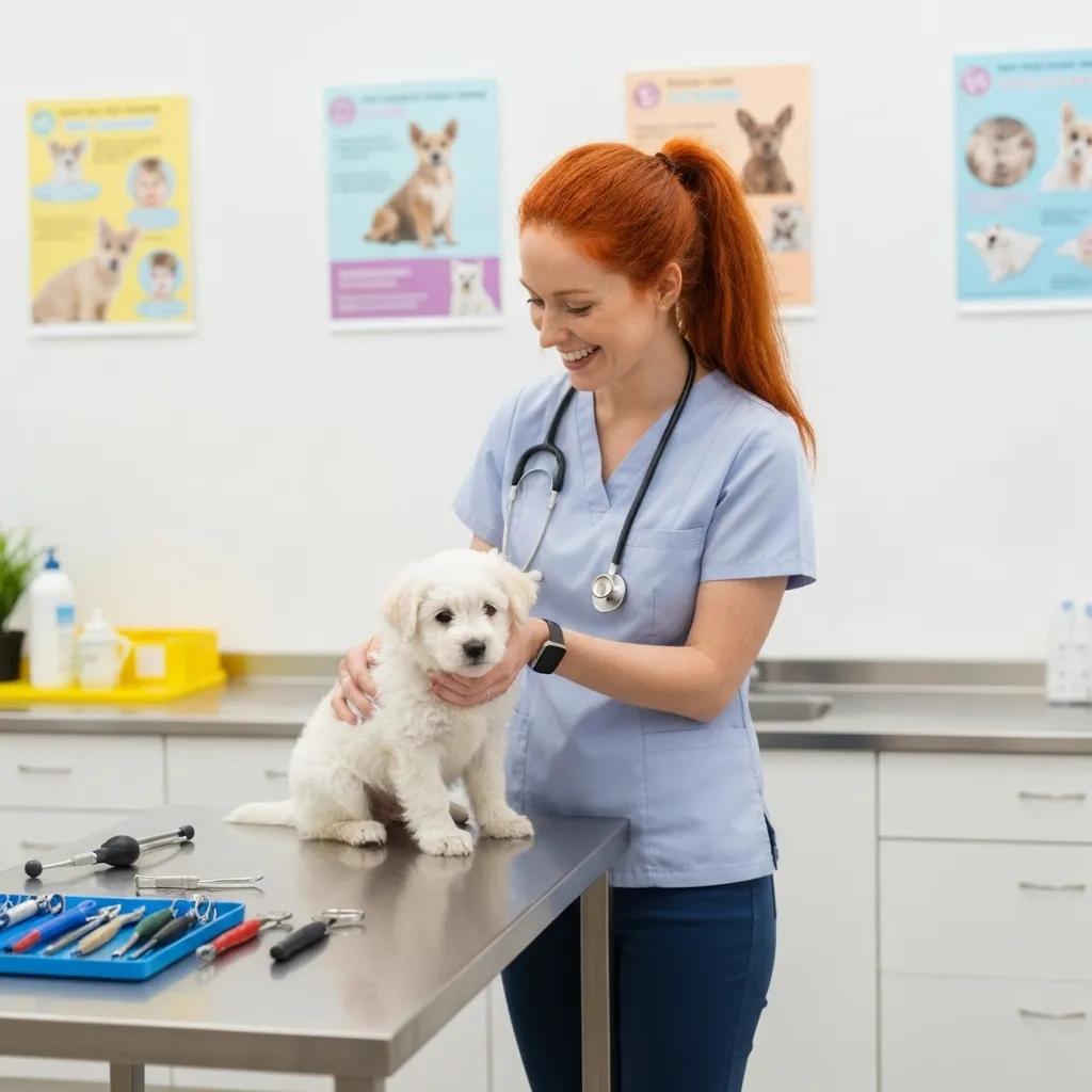 A veterinarian gently examining a playful puppy in a bright, welcoming clinic setting, emphasizing the importance of regular check-ups.