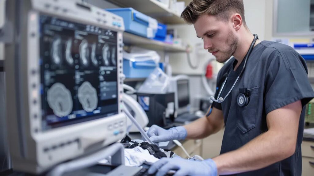 veterinarian in charcoal-colored scrubs performing an ultrasound