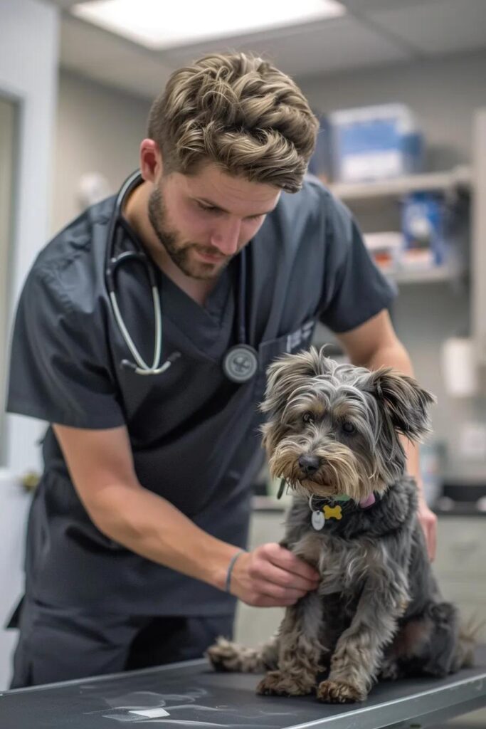 veterinarian in charcoal-colored scrubs examining a dog on an exam table