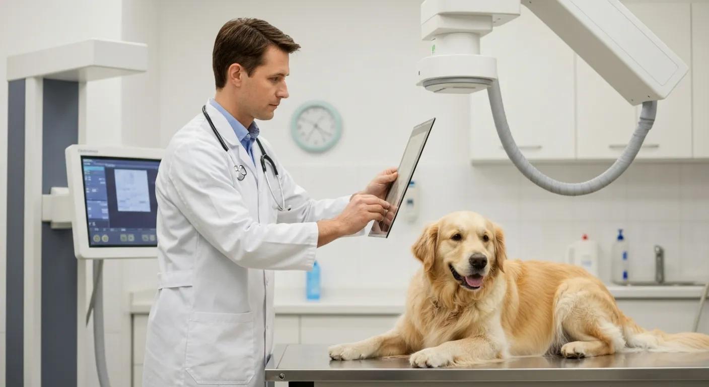 Veterinarian using digital radiography on a pet, demonstrating advanced imaging technology