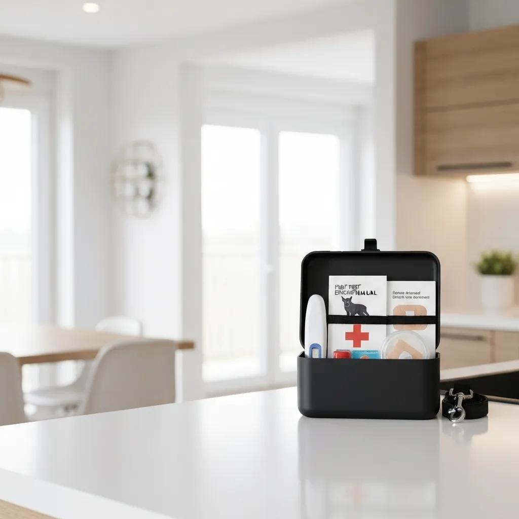 A well-organized pet emergency first aid kit, emphasizing preparedness for pet emergencies