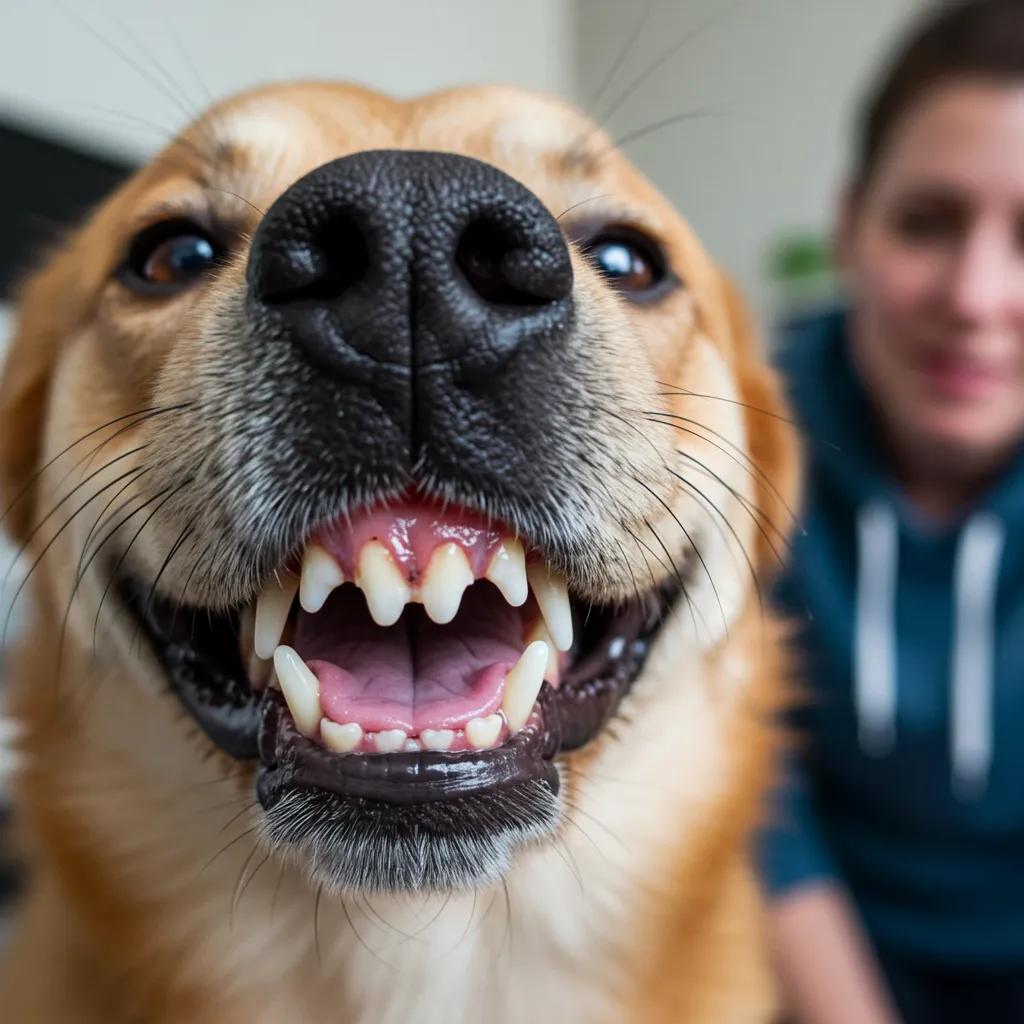 Close-up of a dog's mouth showing signs of dental disease, such as tartar buildup and inflamed gums