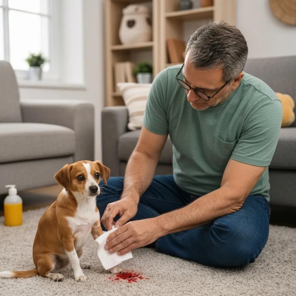 Pet owner applying first aid to a dog's bleeding wound at home, illustrating essential first aid steps before reaching an emergency vet