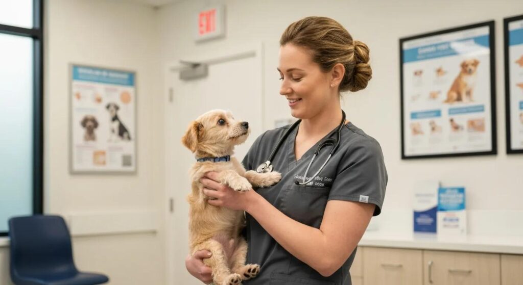 Veterinarian in charcoal-colored scrubs holding a dog