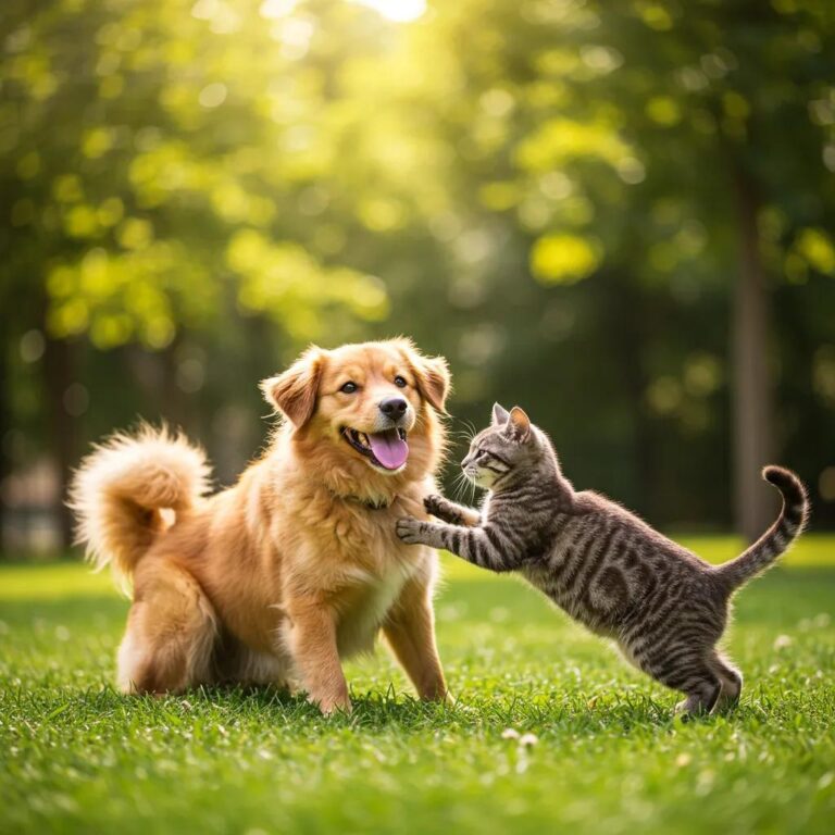 Happy dog and cat playing in a sunny park, representing affordable pet wellness and health