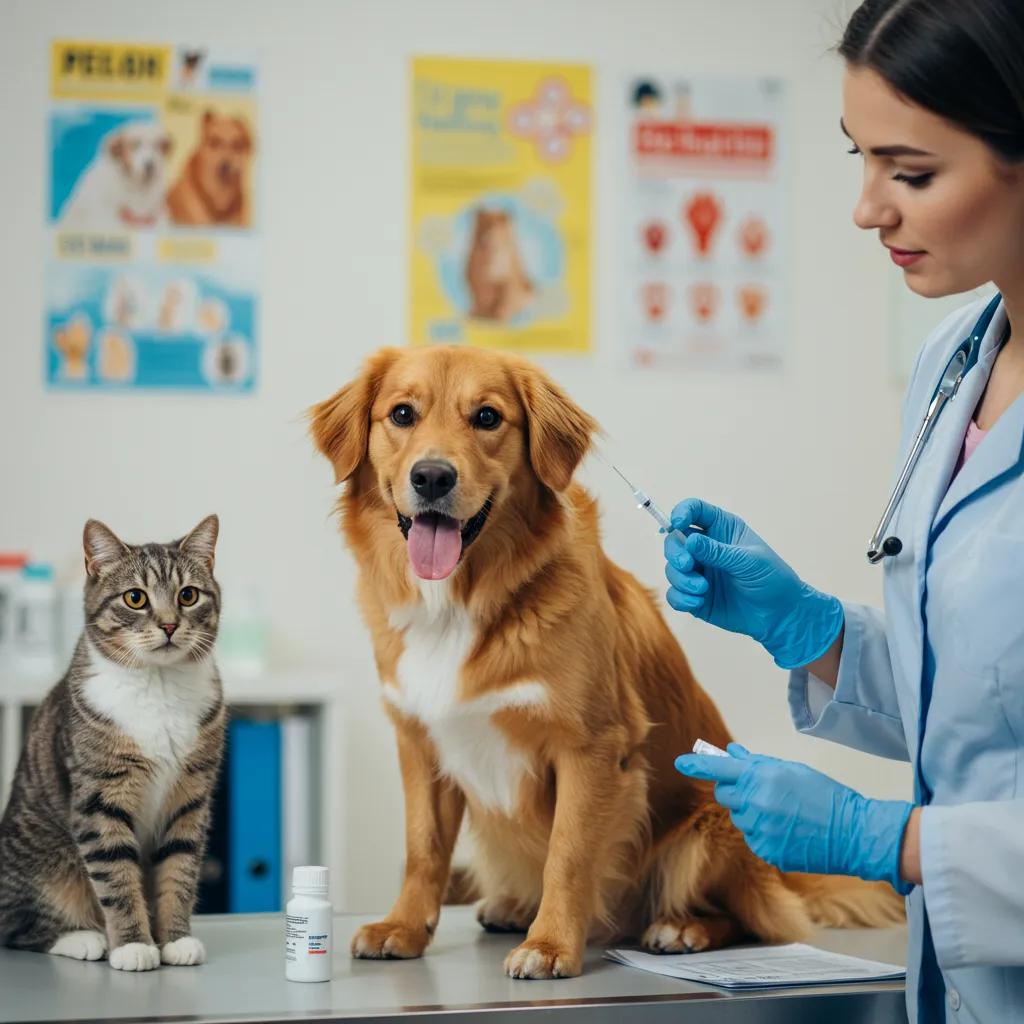 Happy dog and cat receiving vaccinations from a veterinarian in a bright clinic, emphasizing preventive pet care