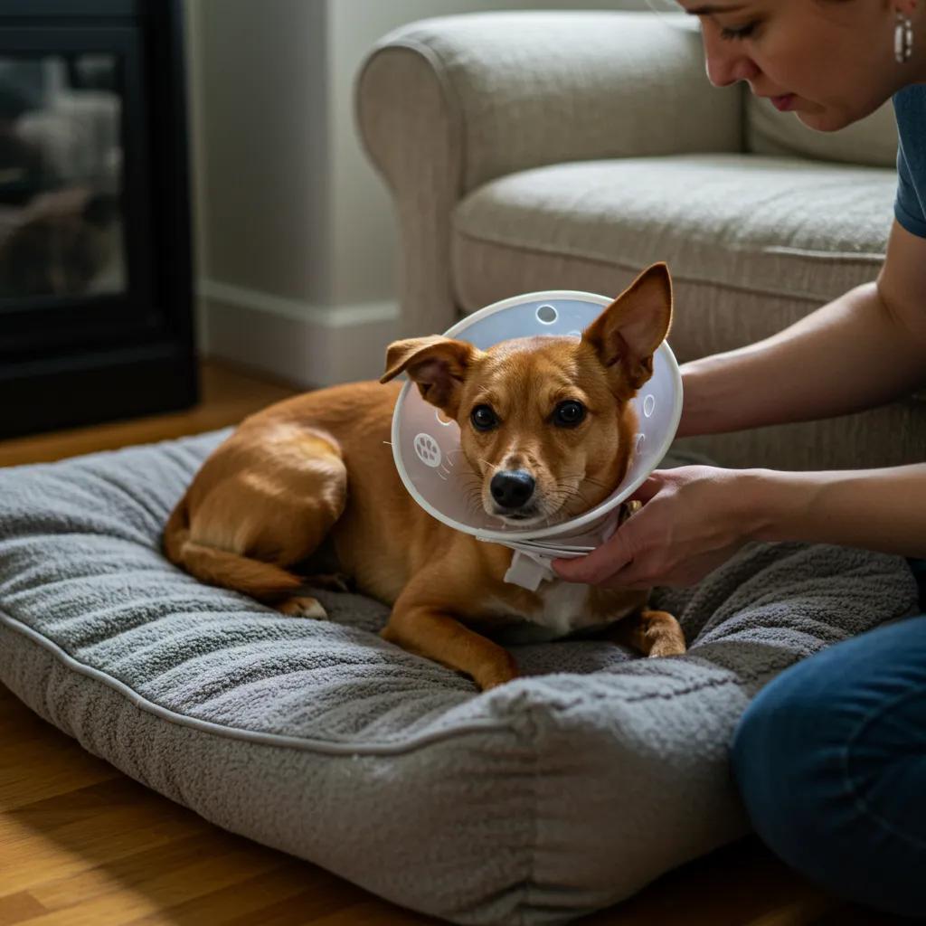 A caring pet owner providing comfort and attention to a recovering dog at home, emphasizing the vital role of post-operative care and a comfortable environment.
