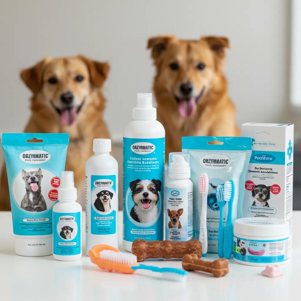 A selection of pet dental care products, including toothpaste, toothbrushes, and dental chews, to encourage at-home care