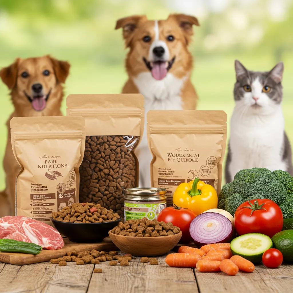 A variety of pet food options, including kibble and fresh vegetables, with a happy dog and cat in the background