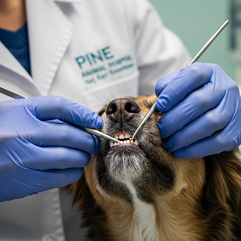 Veterinarian performing a detailed dental cleaning on a dog, emphasizing our specialized dental services