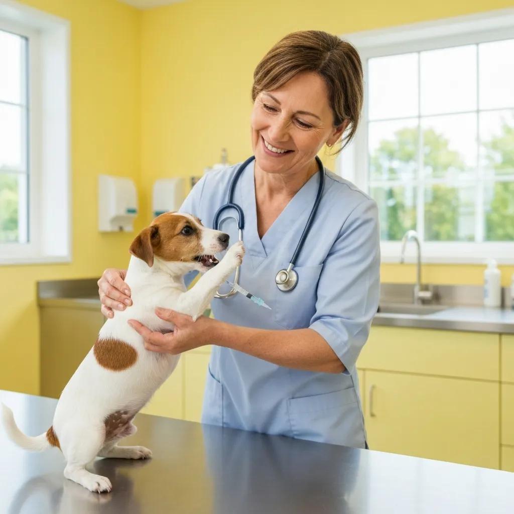 A veterinarian administering a vaccine to an energetic puppy in a veterinary clinic