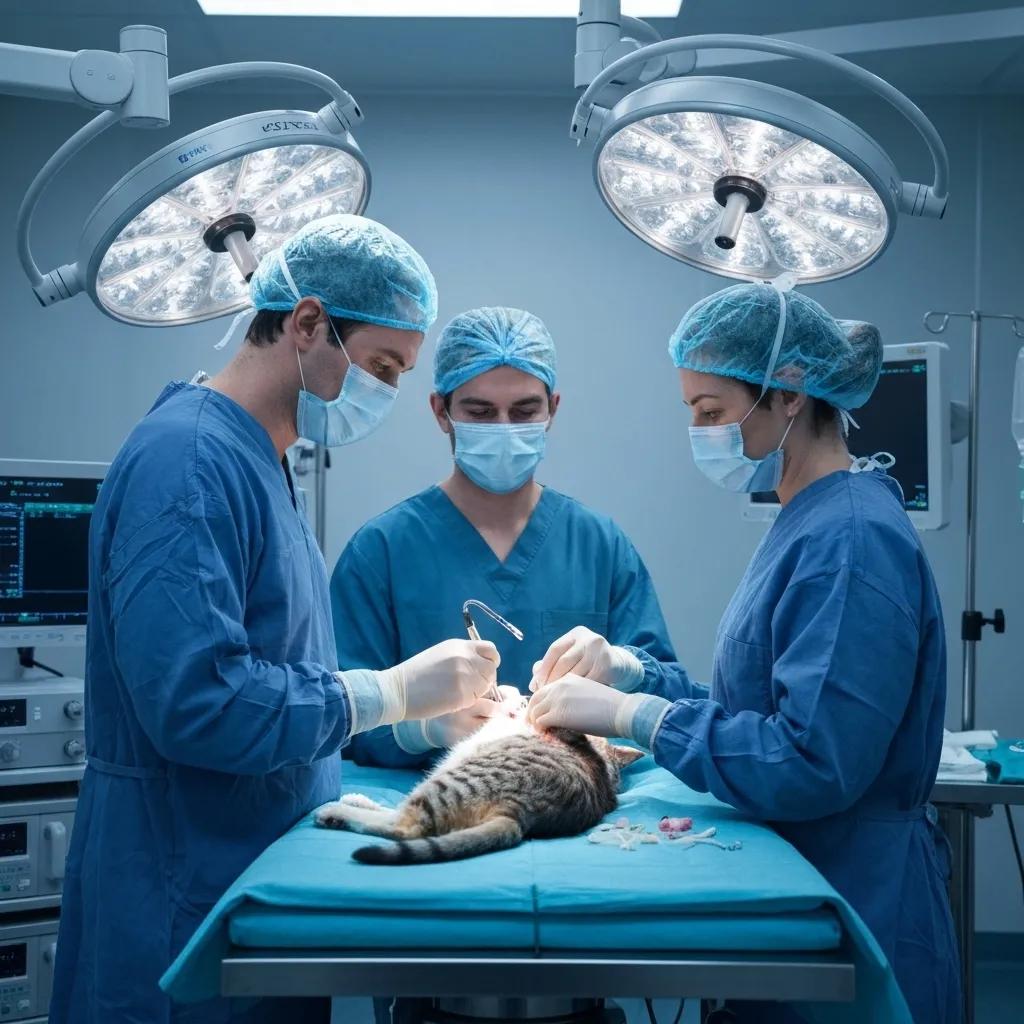 A veterinary surgeon performing a soft tissue surgery on a cat within an operating room