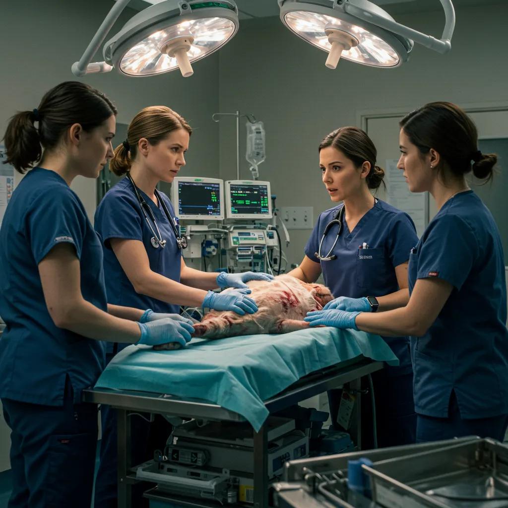 Veterinary team in an emergency room stabilizing a critically injured pet, showcasing urgent care services