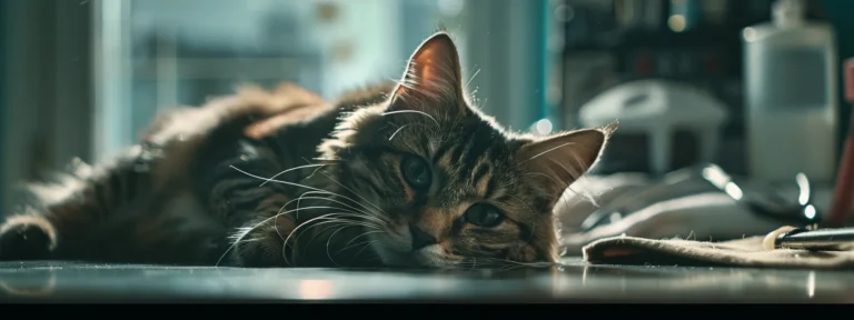Relaxed tabby cat resting on a table in a veterinary setting, highlighting the caring environment of Pine Animal Hospital.