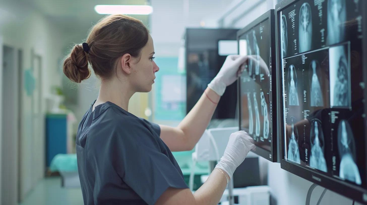 veterinarian in charcoal-colored scrubs performing radiographs