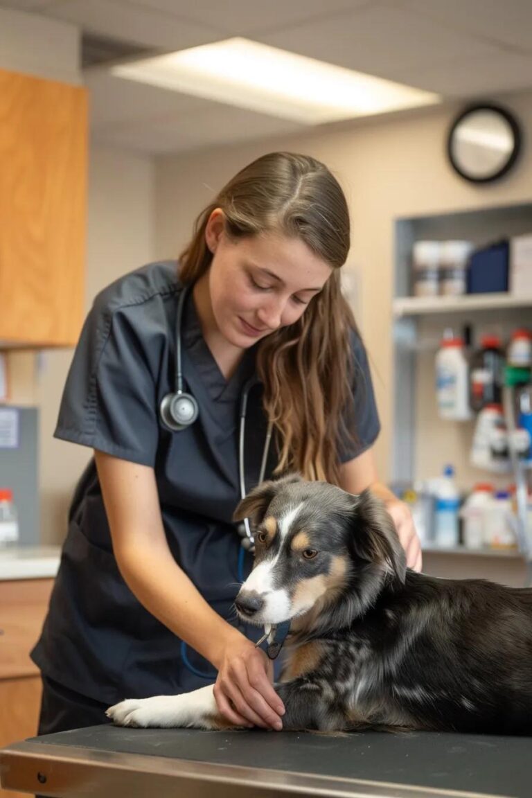 veterinarian in charcoal-colored scrubs examining a dog on an exam table