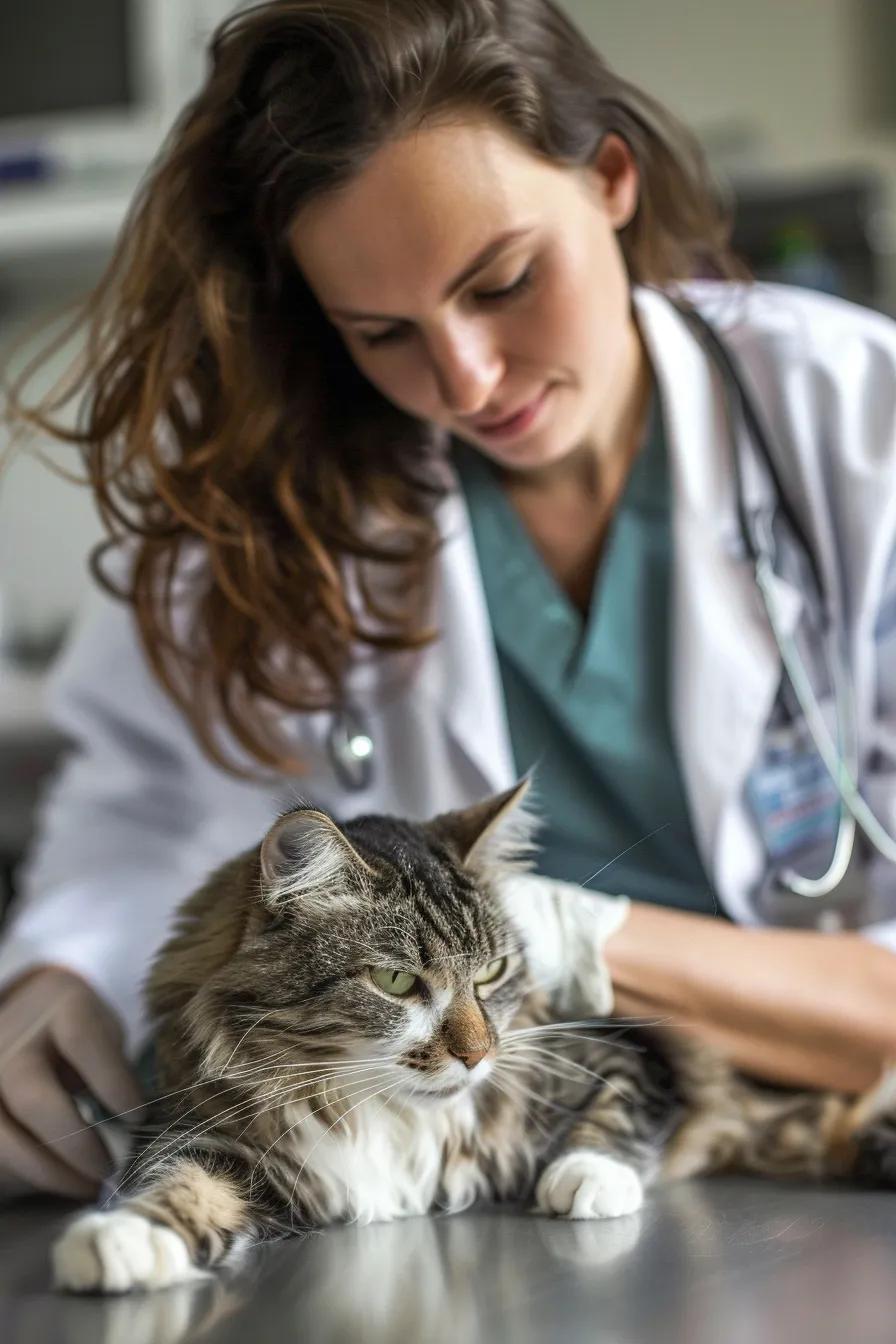 veterinarian wearing charcoal-colored scrubs and a white coat, examining a cat