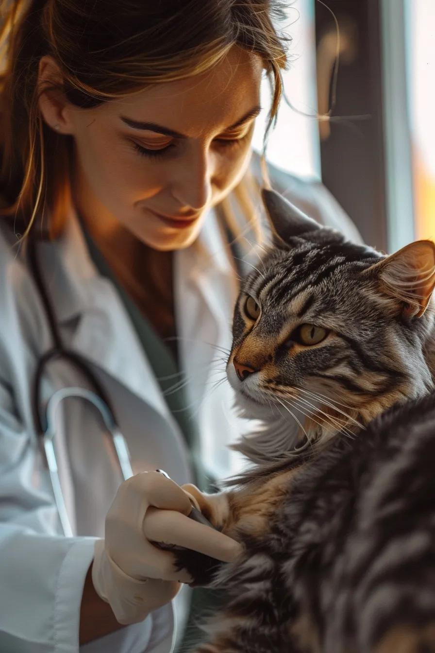 veterinarian wearing charcoal-colored scrubs and a white coat, examining a cat