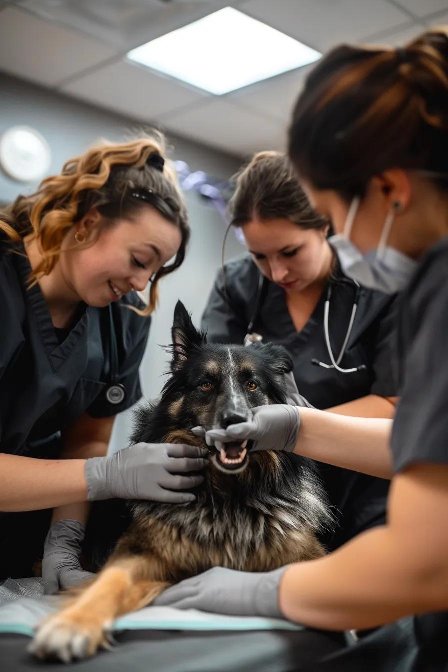 Multiple veterinary staff wearing charcoal-colored scrubs, examining a dog
