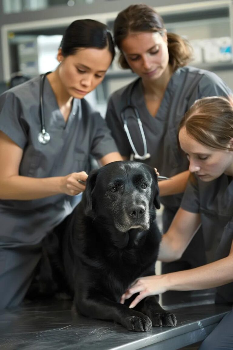 Multiple veterinary staff wearing charcoal-colored scrubs, examining a dog