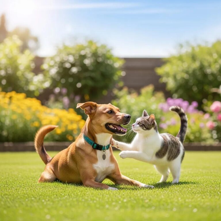 Happy dog and cat playing in a sunny backyard, representing the benefits of pet wellness plans