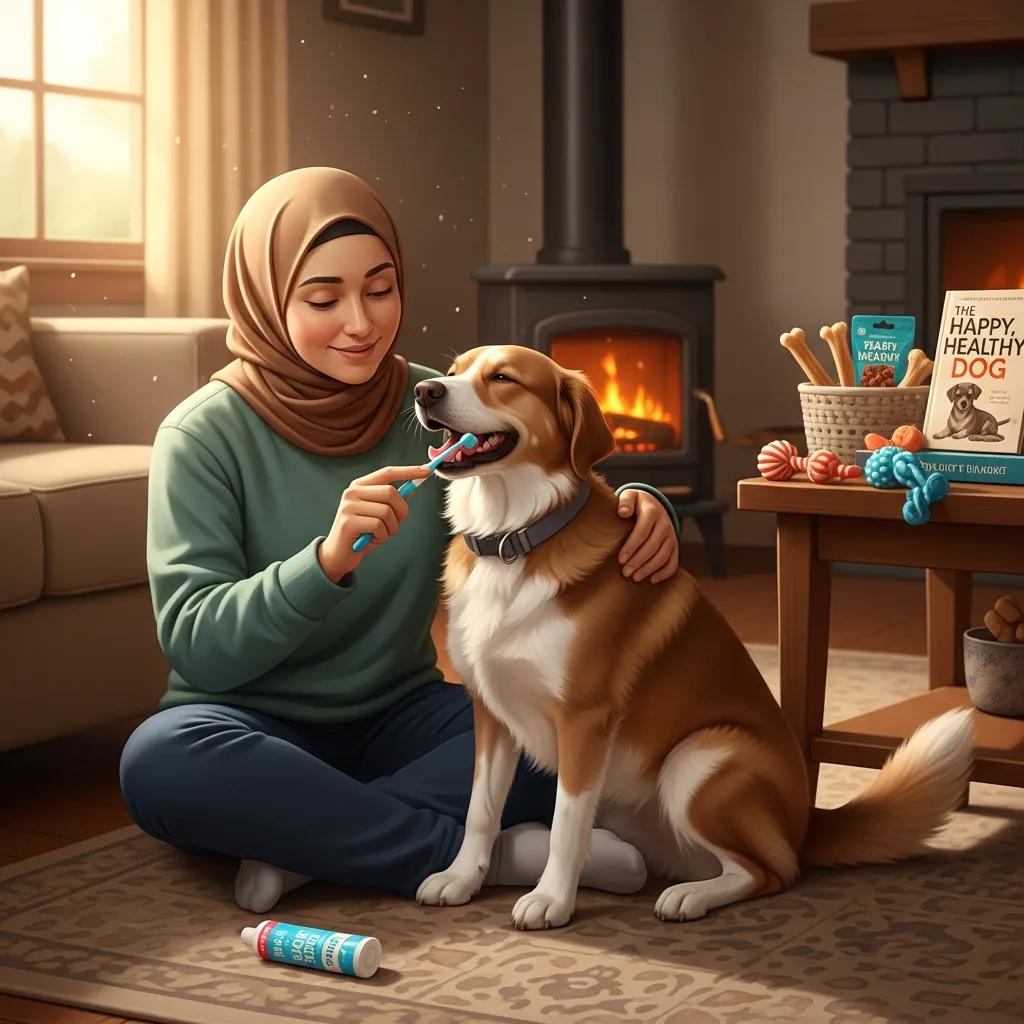 Pet owner brushing a dog's teeth at home, demonstrating effective at-home dental care tips