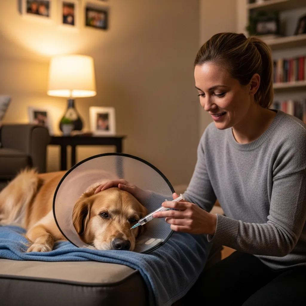 Pet owner supporting a recovering dog at home &mdash; focused on gentle post-operative care