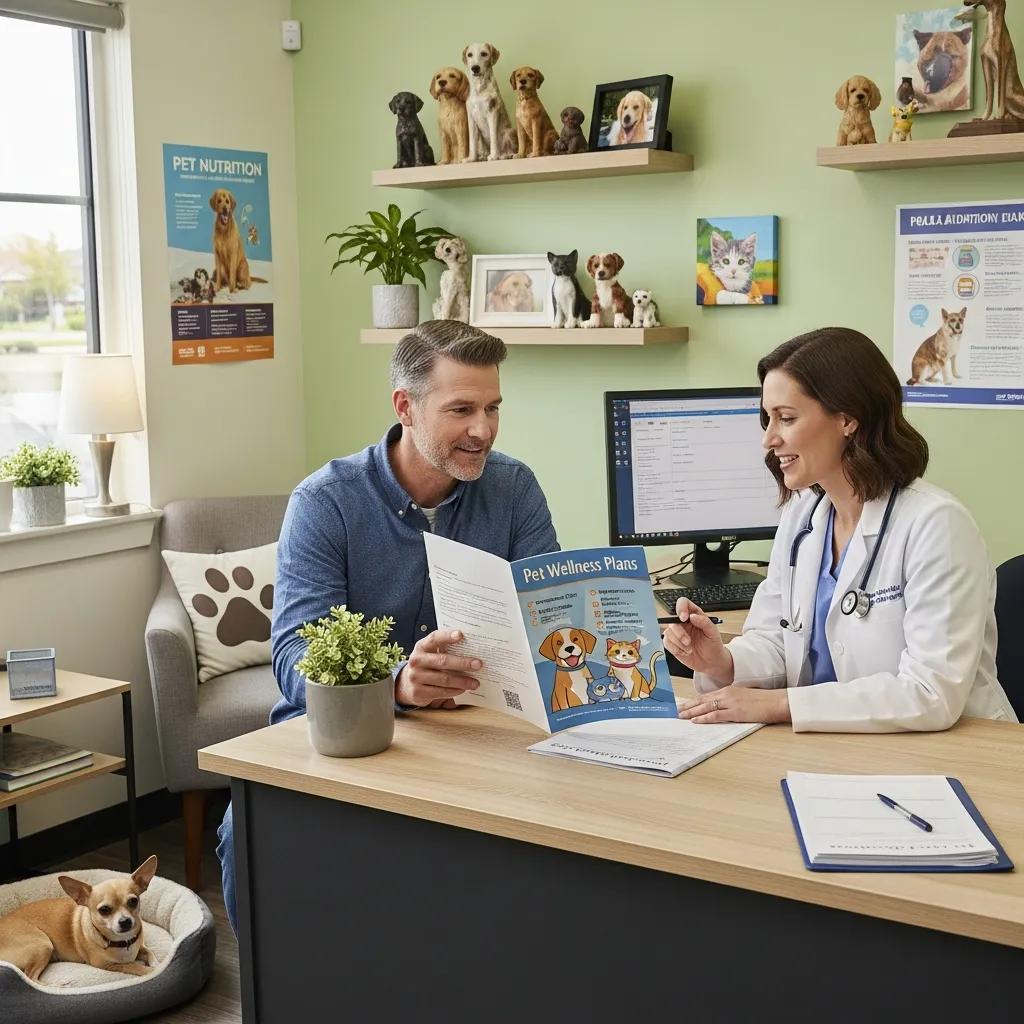 Pet owner consulting with a veterinarian about wellness plans versus insurance