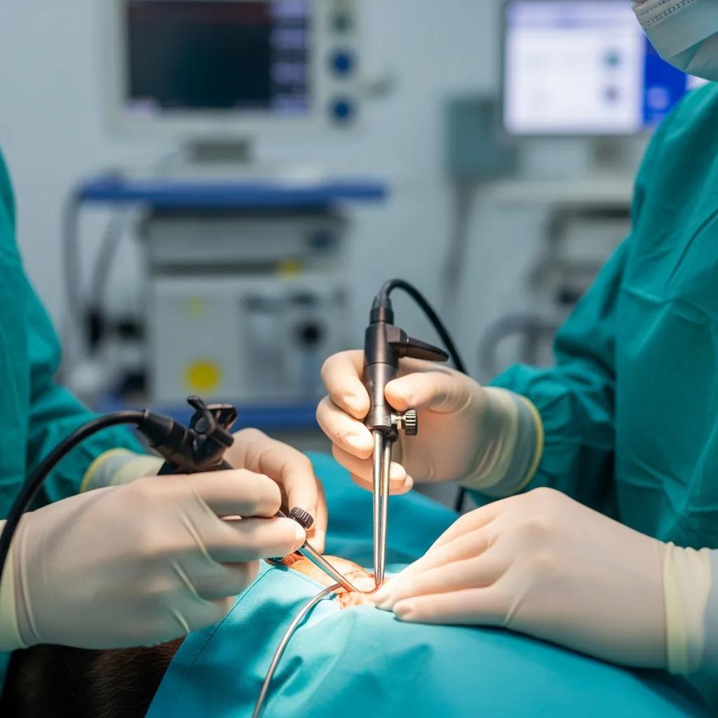 Veterinarian performing minimally invasive surgery on a pet, showcasing advanced surgical techniques