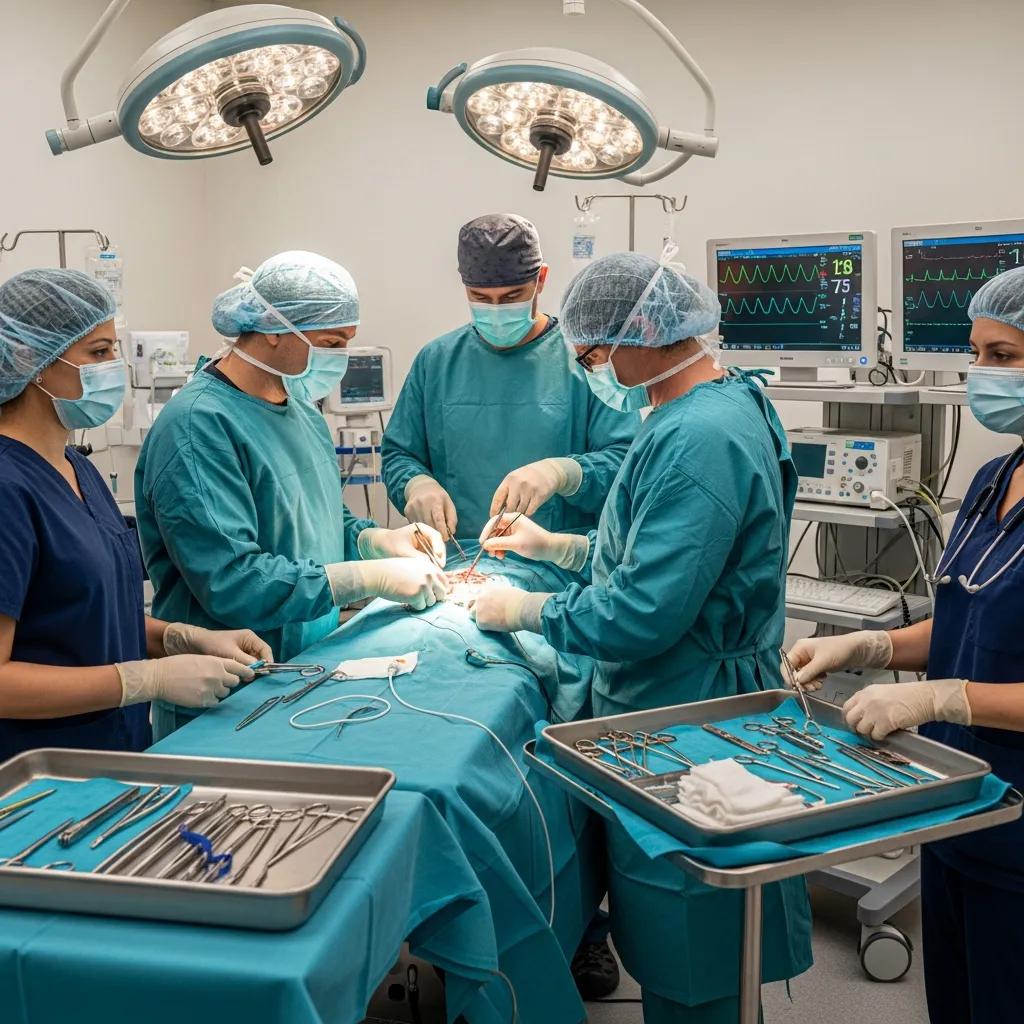 Veterinary surgical team collaborating in a modern surgical room, emphasizing expertise and teamwork