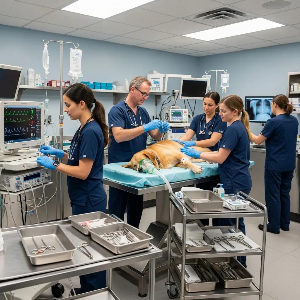Veterinary team providing urgent care to a distressed pet in an emergency room setting