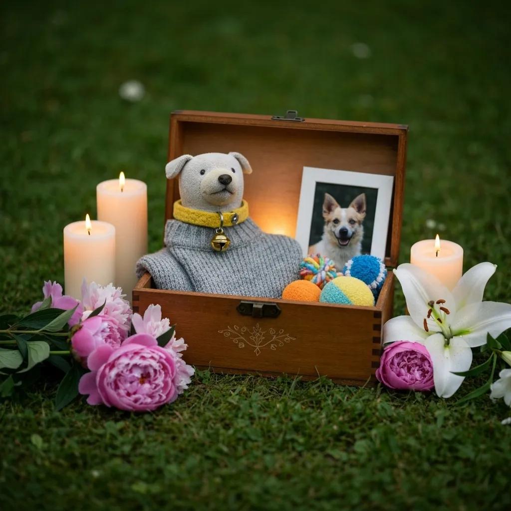 A peaceful pet memorial setup in a garden, featuring a memory box, flowers, and candles
