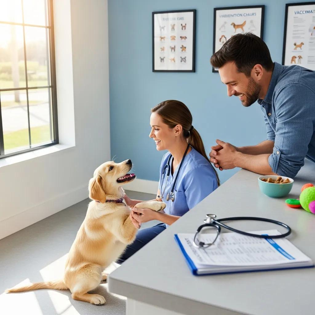 Veterinarian performing a wellness exam on a playful puppy with the owner present