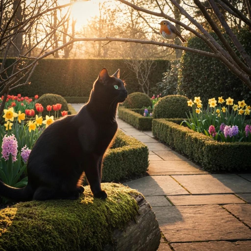 Black cat sitting on a moss-covered log in a vibrant garden filled with blooming flowers, observing a bird perched on a branch, symbolizing natural curiosity and outdoor exploration, relevant to Pine Animal Hospital's focus on feline health and well-being.