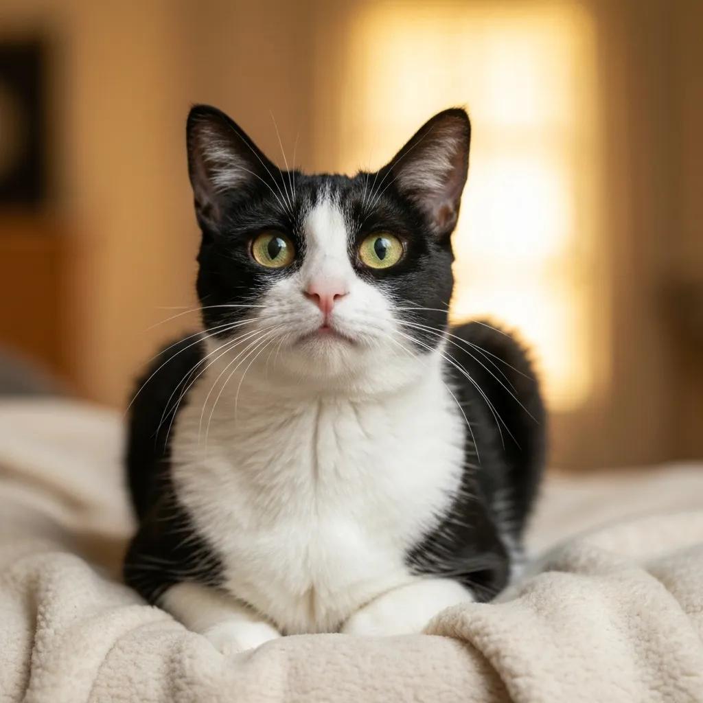 Black and white cat with green eyes sitting on a blanket, representing healthy feline care at Pine Animal Hospital.