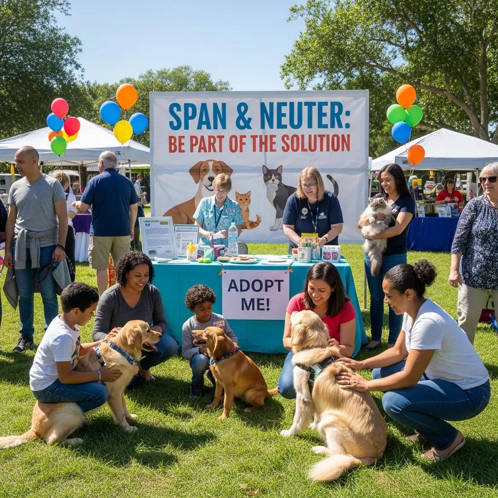 Community event promoting pet adoption and spay-neuter awareness at Pine Animal Hospital, featuring families interacting with dogs, informational booth with "ADOPT ME!" sign, and educational resources on responsible pet ownership.
