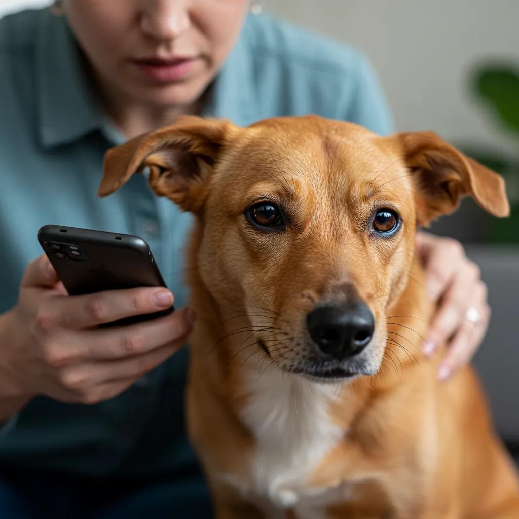 Concerned pet owner using a smartphone with a distressed dog, illustrating the urgency of recognizing pet emergency symptoms at Pine Animal Hospital.