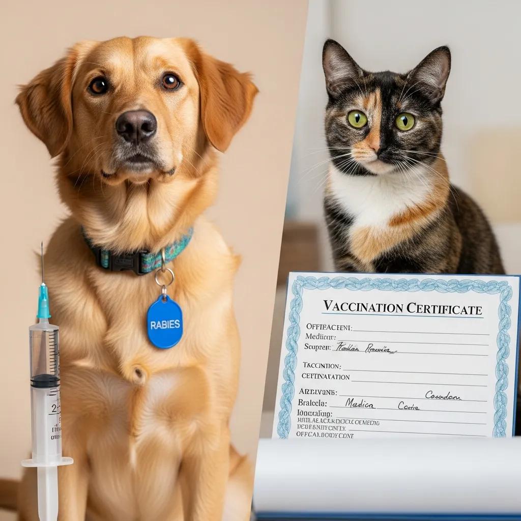 Dog with rabies tag and vaccination syringe alongside a cat with a vaccination certificate, representing core vaccines for pets at Pine Animal Hospital.
